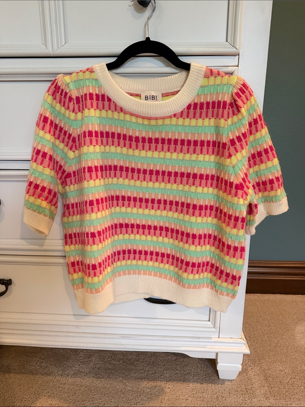 BiBi Multistripe Short-Sleeve Crew Sweater in Pink, Mint & Pale Yellow
